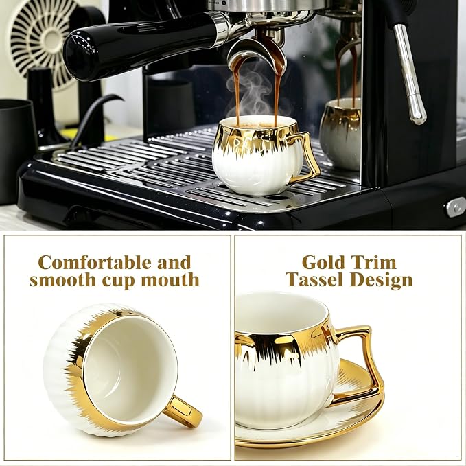3.5 OZ Espresso Cups with Saucers, Ceramic Coffee Cup Set of 6, Turkish Coffee Cup Set, Coffee Cup Gift for Latte, Double Shot, Cafe Mocha and Tea, Dishwasher & Microwave Safe (Gold Trim-03)