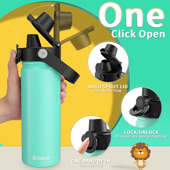 baab 18oz Kids Water Bottle, Insulated Kids Water Bottle with Lockable Spout Lid & Stickers, 18/8 Stainless Steel Vacuum Leakproof Kid Water Cup with Boy Girl & School (Mint Green, 1 Pack)