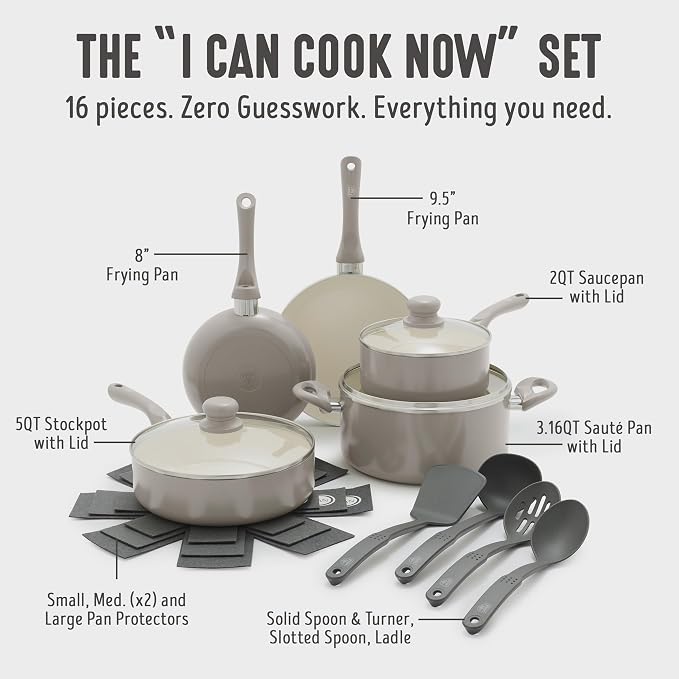 GreenLife 16-Piece Nonstick Cookware Set, Non-Toxic Ceramic Pots and Pans Set, Durable Healthy Kitchen Essentials, Fast Heating, Induction Ready, Easy Clean Dishwasher Safe, PFAS-Free, Beige Taupe