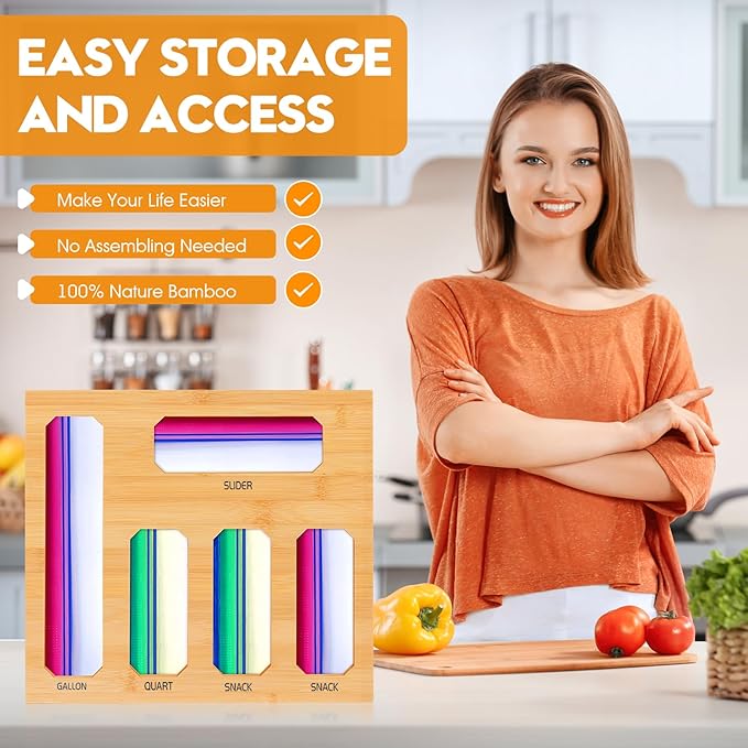 Bamboo Ziplock Bag Organizer for Kitchen Drawer, Food Storage Baggie Holder with 24 Label Stickers, Fits Gallon Quart Sandwich Snack Freezer & Slider Bags, No Assembly, Wall Mount or Drawer