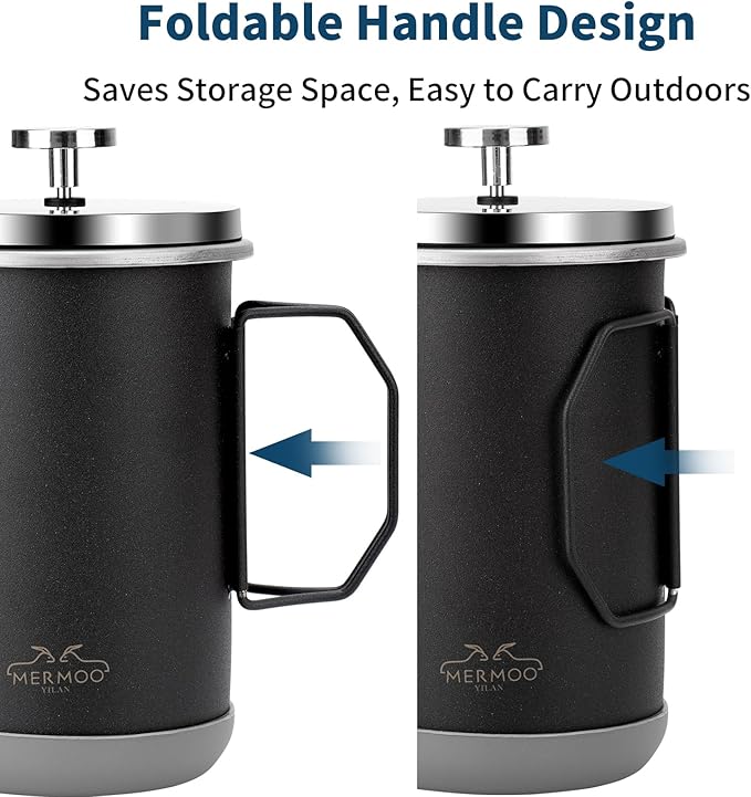 MERMOO YILAN Stainless Steel French Press with Folding Handle 32oz Silver | for 4-6 Cups|Also a Milk Frother& Tea Maker|Non-slip Silicone Base|Compact Size for Camping, Travel, Backpacking,RV