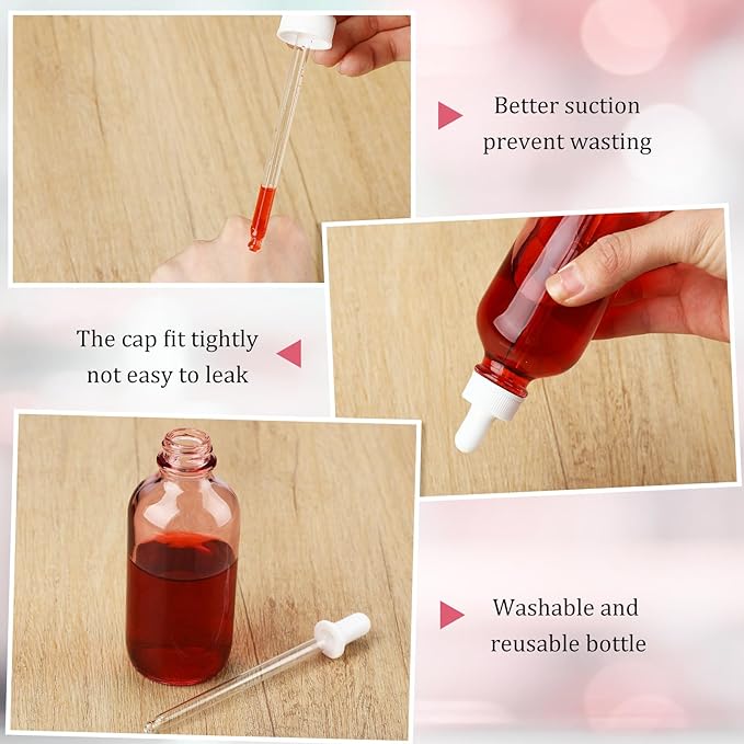 Epakh 50 Pack 4oz Glass Dropper Bottles, Refillable Glass Eye Dropper Bottles with Pipette for Essential Oils, Perfumes, Lab Use, Cuticle Oils, Tinctures, Travel, Home (Pink)