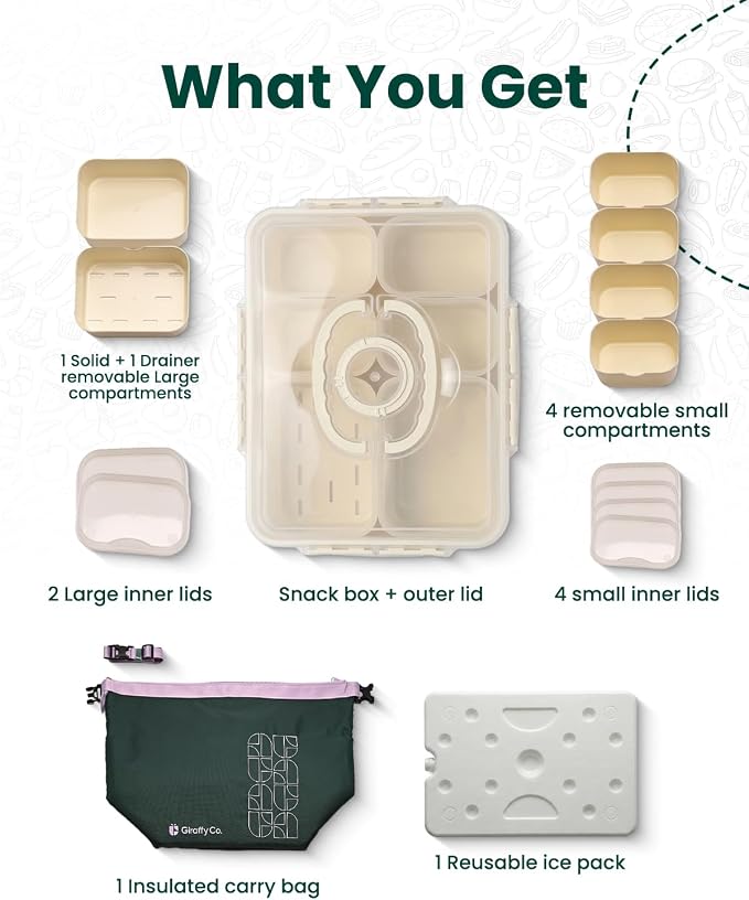 GIRAFFYCO Creamy White Snackbox with Drain Compartment, Portable Snackle Box w/Insulated Carry Bag & Reusable IcePack, 6 Removable Compartments (2 Large + 4 Small) w/Individual Lids, BPA‐Free