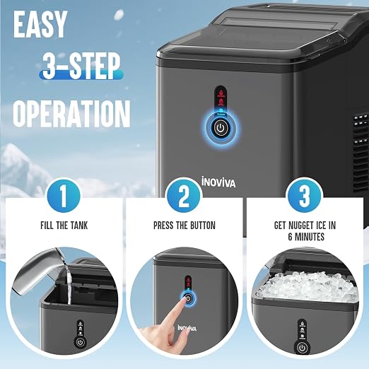 INOVIVA Nugget Ice Makers Countertop – 6 Mins Fast Ice Production, FLASHCHILL™, 26.5 LBS/Day, Self-Cleaning, Compact Portable Design, Ideal for Home, Office & Parties
