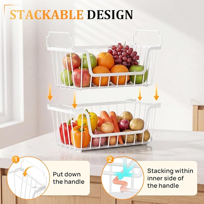 SUNALLY Stackable Storage Bins 6 Pcs Wire Baskets for Pantry Organizers and Storage, Vegetable Fruit Storage Basket for Countertop Organizer,Kitchen Storage Baskets for Onion Potato Snack,White