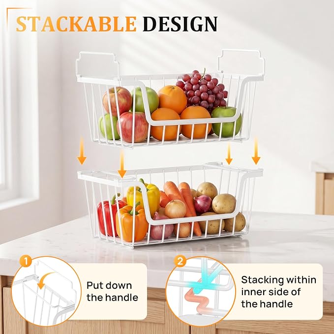 SUNALLY Stackable Storage Bins 4 Pcs Wire Baskets for Pantry Organizers and Storage, Vegetable Fruit Storage Basket for Countertop Organizer,Kitchen Baskets for Onion Potato Snack Cans Storage,White