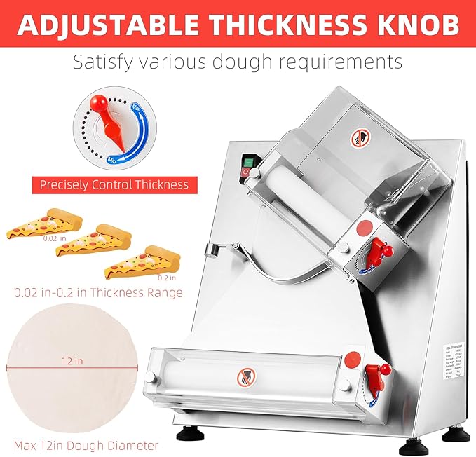 Commercial Pizza Dough Roller Sheeter, Max 12", CHEINAUTO Automatic 370W Electric Pizza Dough Roller, Stainless Steel, Suitable for Noodle, Pizza Bread and Pasta Maker Equipment