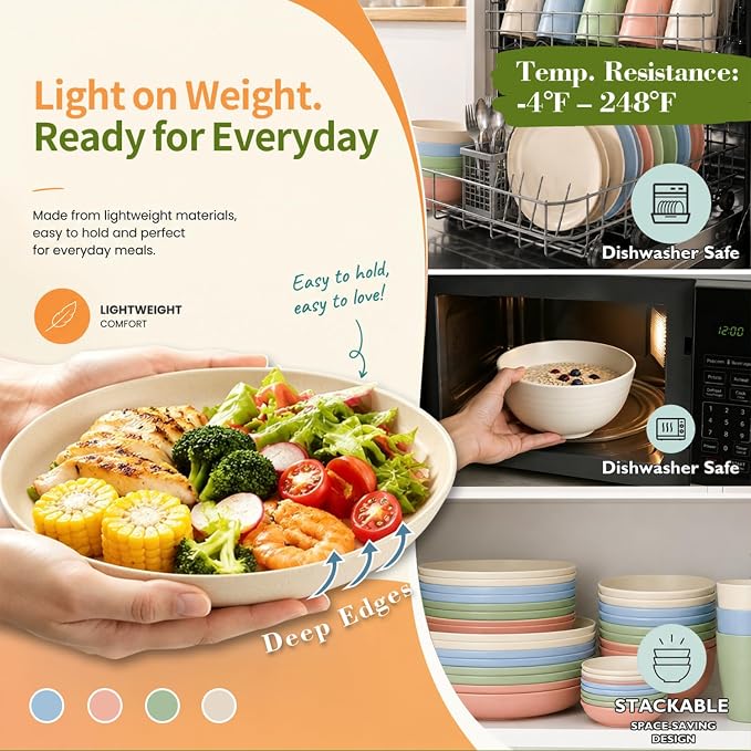 Wrova 40-Piece Wheat Straw Dinnerware Sets for 8, Unbreakable Kitchen Plates and Bowls Set with Cups Set, Soy Sauce Dish for BBQ, Microwave and Dishwasher Safe Dishware Sets for Kitchen- Nordic