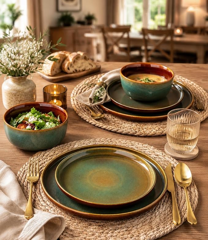 GBHOME Dinnerware Sets for 4, 12 Pieces Stoneware Plates and Bowls Sets, Scratch Resistant Dishes, Dishwasher & Microwave Safe, Rustic Reactive Glaze-Brown Green