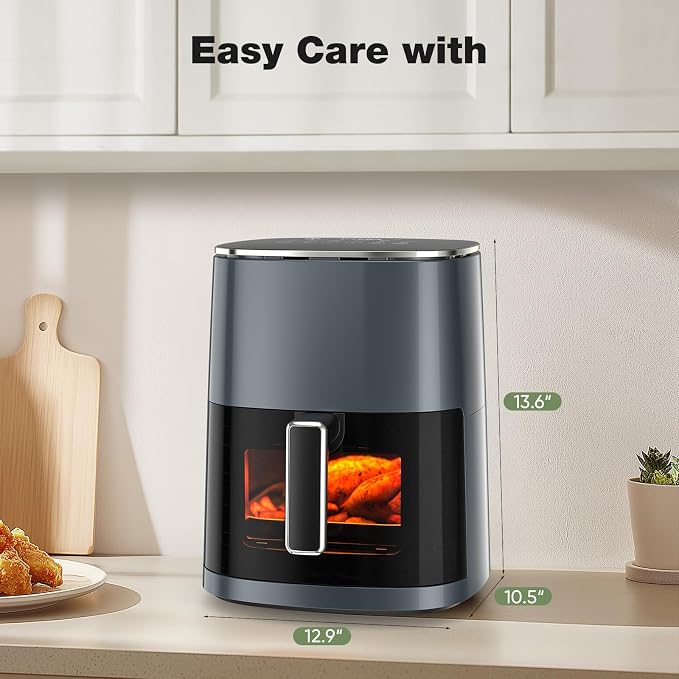 Sweetcrispy Air Fryer 6QT with Window, Square Airfryer Oven 12-in-1 for Family, 400°F Rapid Air Crispy Technology, Roast Bake Dehydrate, Nonstick & Easy-Clean Basket, Grey