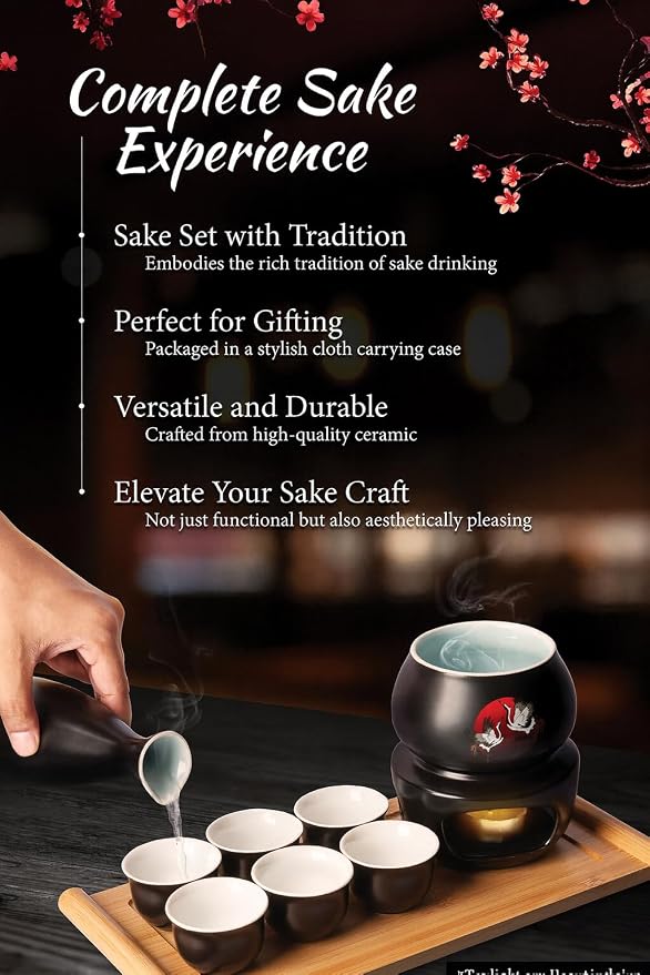 Japanese Sake Cup Set with 6 Ceramic Cups, 1 Ceramic Sake Bottle, 1 Ceramic Sake Warmer, Bamboo Tray, and Cloth Carrying Case - Perfect Hot Sake Set for Authentic Japanese Experience (Black/White)