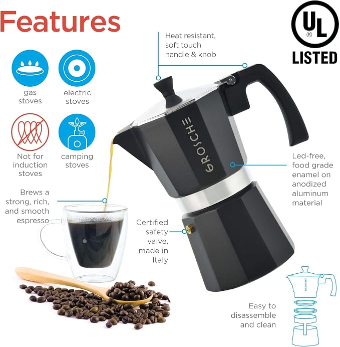 GROSCHE Milano Moka pot, Stovetop Espresso maker, Greca Coffee Maker, Stovetop coffee maker and espresso maker percolator (Black, 12 cup)