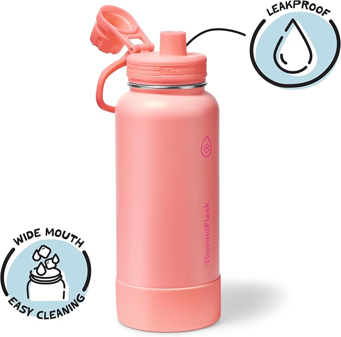 ThermoFlask Insulated Water Bottle with Spout Lid (32 oz, Sunkissed Coral) - Leakproof, Stainless Steel Water Bottle for Cold & Hot Drinks, Travel & Daily Hydration