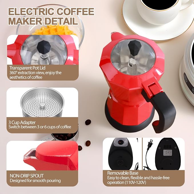 Aluminum Electric Moka Pot 3-6 Cup 270ml Express Coffee Maker Stovetop Espresso Portable Coffeemaker Italian Classic Brewing Greca Cafe Mocha with Removable Base and Overheating Protection Machine