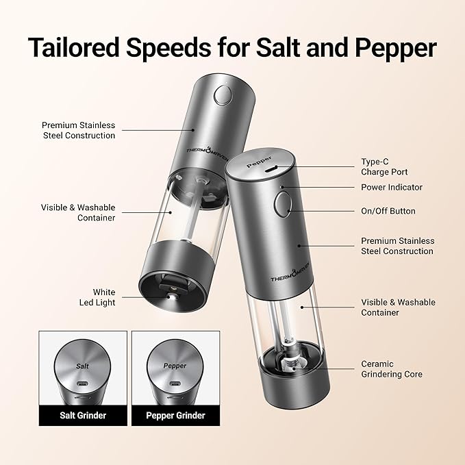 ThermoMaven Electric Salt and Pepper Grinder Set, 110ml Larger Rechargeable Automatic Salt and Pepper Mill Grinder with 6 Adjustable Coarseness, Electric Salt and Pepper Shakers, LED, Matcha