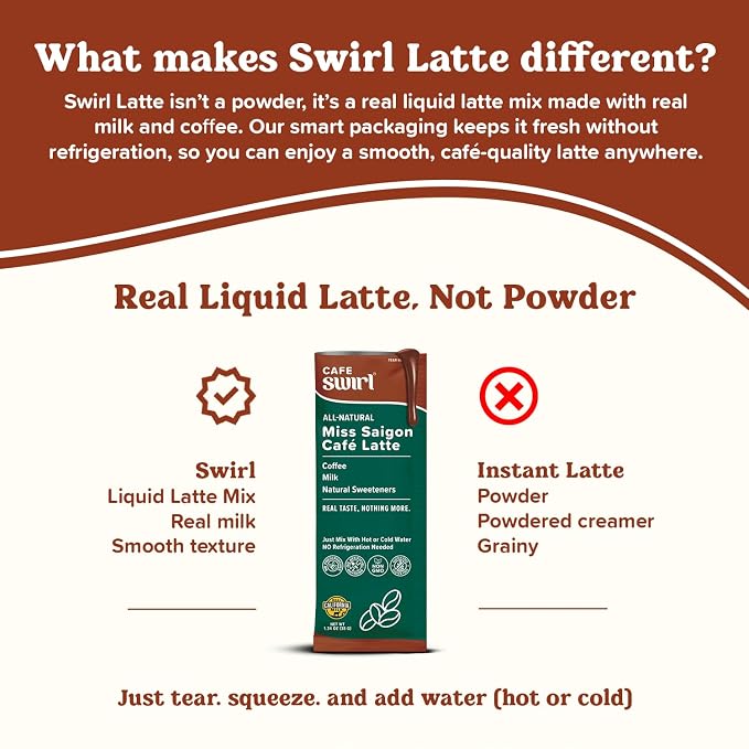 Swirl - Miss Saigon Cafe Latte - Vietnamese Inspired Espresso, Milk Blend, Single Serve, Smooth, Sweet, Balanced, No Fridge - 38g per pack 20 packets