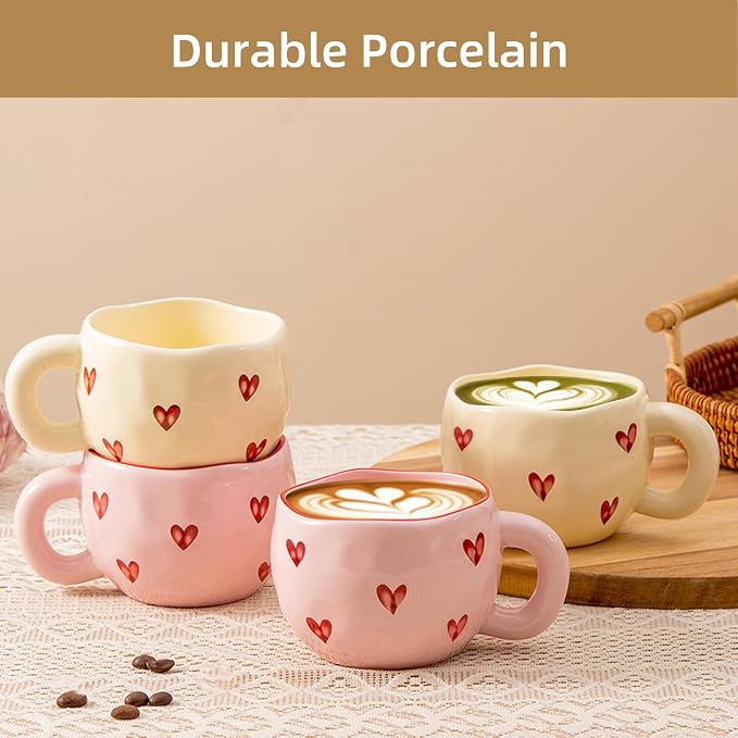 4pcs Ceramic Heart Mugs, 9.4OZ Cute Love Coffee Cup Set, Pink & Yellow, Dishwasher Safe Espresso/Latte Mugs Set, Gift for Women/Mom/Girl Friend(Love)