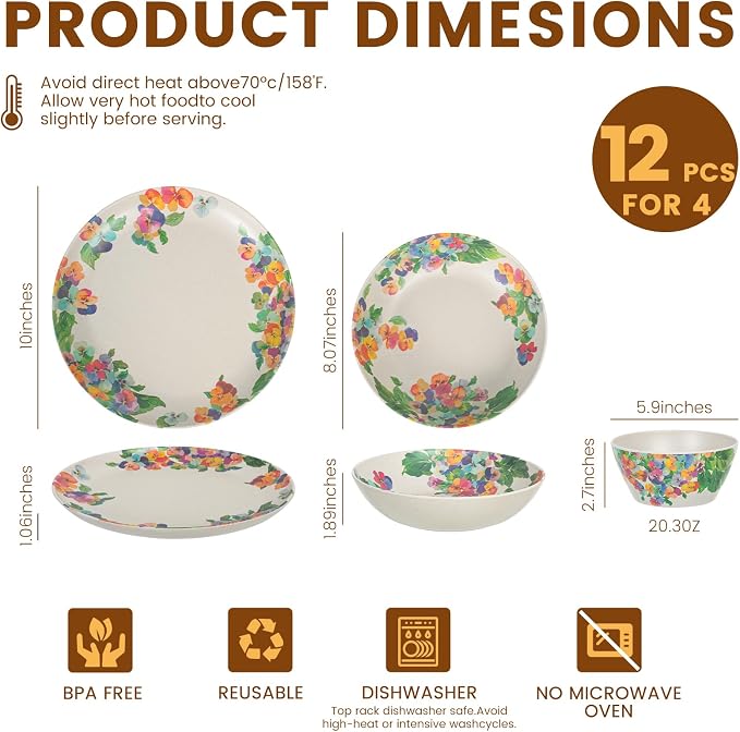 Unbreakable Dinnerware Set for 4 Natual with Hydrangea Flower 12 Piece Melamine Wheat Straw BPA Free Lightweight Dishwasher Safe Shatter Resistant for Camping Outdoor RV Party