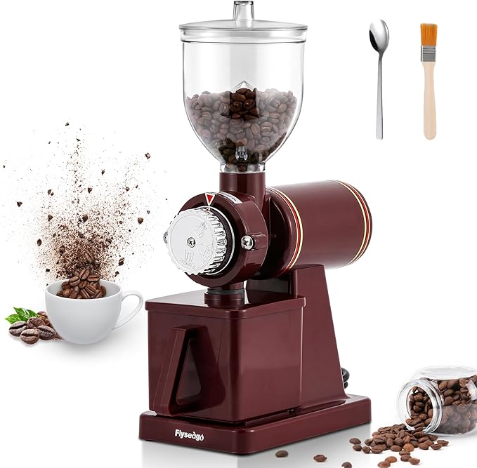 Burr Coffee Grinder - Electric Espresso Grinder for Home & Commercial Use, Silent, Adjustable Grind, With Hopper, Brush, Spoon, Red