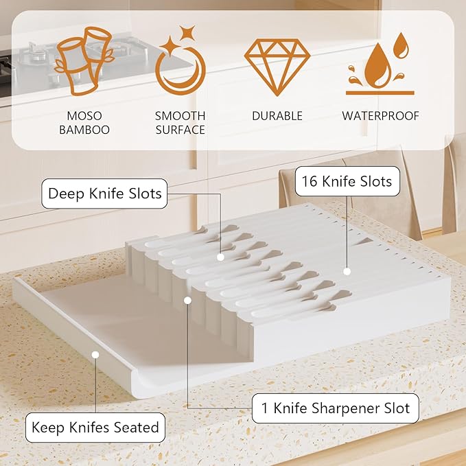 Domax Bamboo In-drawer Knife Block - Kitchen Knife Drawer Organizer Insert, Knife Holder without Knives Large, Drawer Knife Organizer Fits for 16 knives and 1 Sharpening Steel (Not Included), White