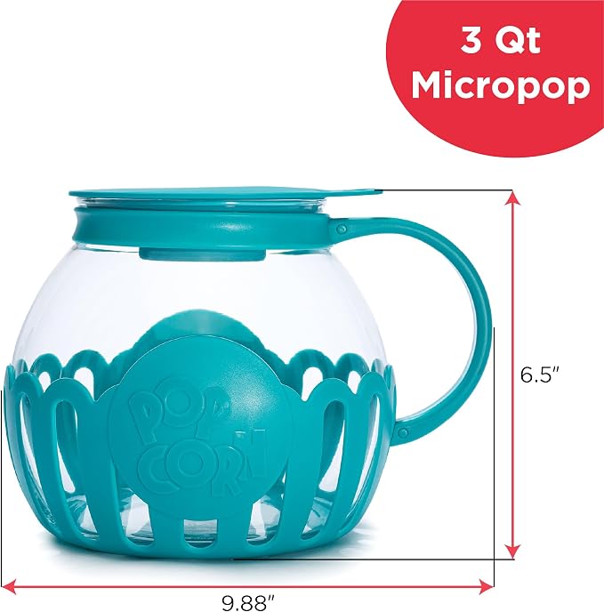 Ecolution Patented Micro-Pop Microwave Popcorn Popper with Temperature Safe Glass, 3-in-1 Lid Measures Kernels and Melts Butter, Made Without BPA, Dishwasher Safe, 3-Quart, Teal