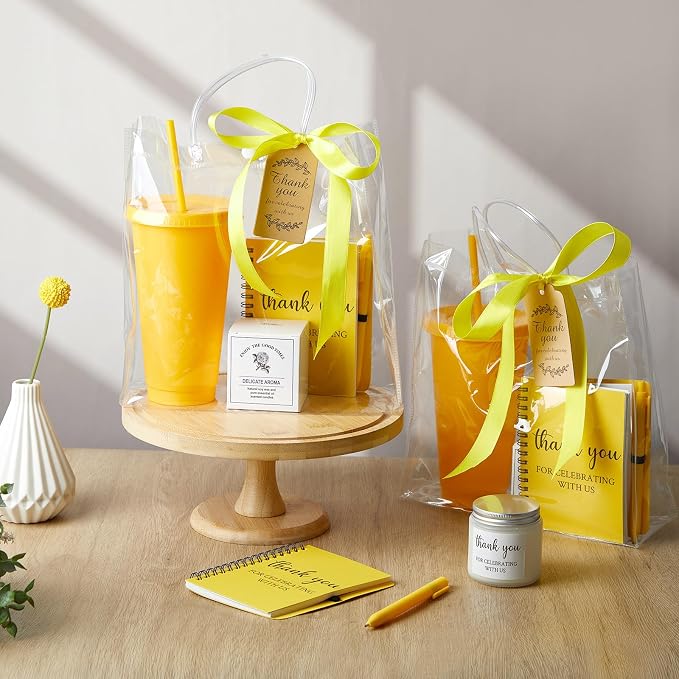 Nuogo 6 Sets New Parent Shower Prizes for Player Winners Adult, Wedding Bridal Shower Gift, Plastic Tumbler Notebook Scented Candle Ballpoint Pen Bag (Yellow Color,Classic Style)