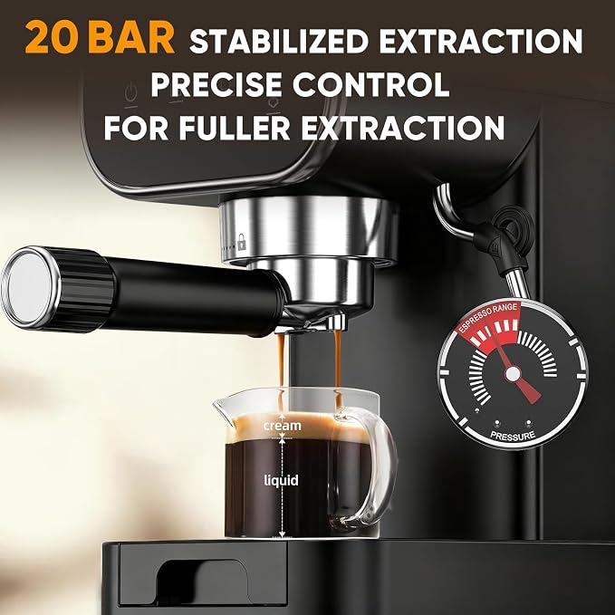 Horavie 20 Bar Espresso Machine with Milk Frother, Espresso Coffee Maker with Touchscreen, Fast Heat-Up Coffee Machine with 48oz Removable Tank for Cappuccino, Latte, Home, Office, Black