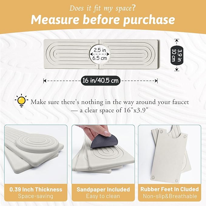 Quick Dry Stone Sink Splash Guard, 16" Extended Diatomaceous Earth Sink Absorbent Faucet Mat, Instant Drying Stone Tray for Kitchen & Bathroom Countertops, Aesthetic Home Decor Gift Women, Ash Grey