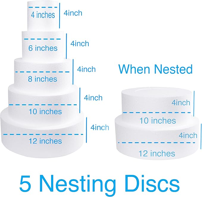 Silverlake 5-Tier Round Cake Dummy Set - Nesting 4" H x 4,6,8,10 & 12" Dia Discs for Styrofoam Baking Display Projects