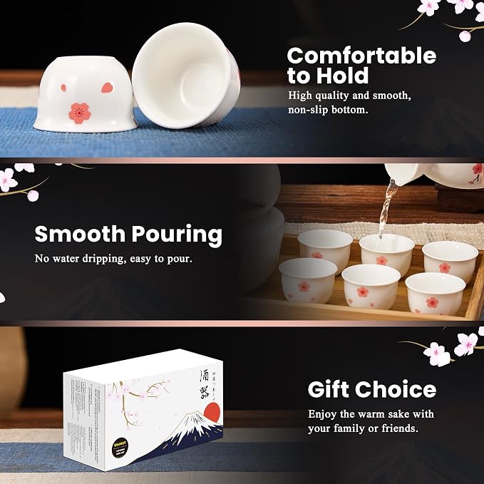 DUJUST 10 pcs Japanese Sake Set with Warmer for 6, Sakura & Fuji Design Porcelain Sake Set, 6 Sake Cups, 1 Bottle, 1 Warmer, 1 Candle Stove, 1 Tray & 1 Box, Warm Sake Carafe, Japanese Gifts - White