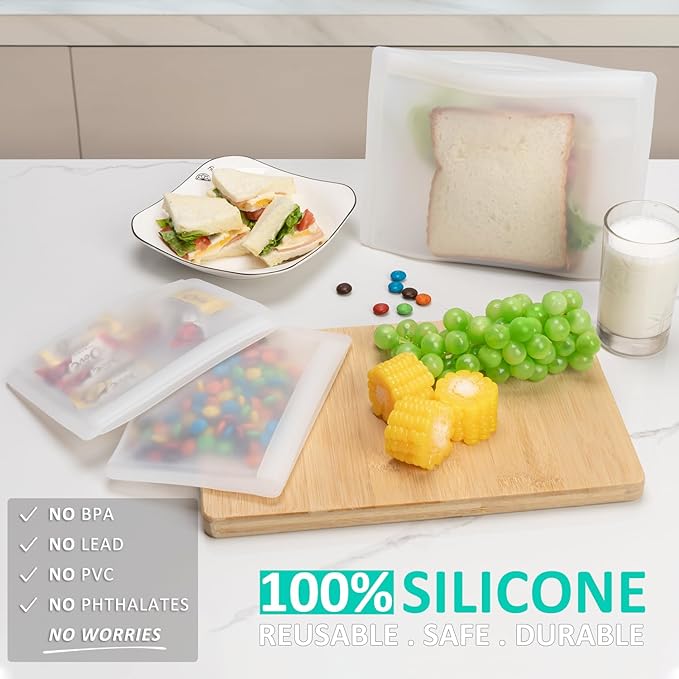 Bundle of 4 Pack 100% Silicone Reusable Food Storage Bags 16oz Translucent + 8 Pack 100% Silicone Reusable Sandwich Bags & Snack Bags