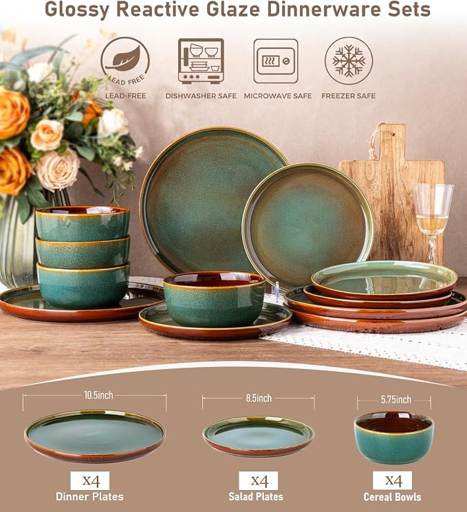 GBHOME Dinnerware Sets for 4, 12 Pieces Stoneware Plates and Bowls Sets, Scratch Resistant Dishes, Dishwasher & Microwave Safe, Rustic Reactive Glaze-Brown Green