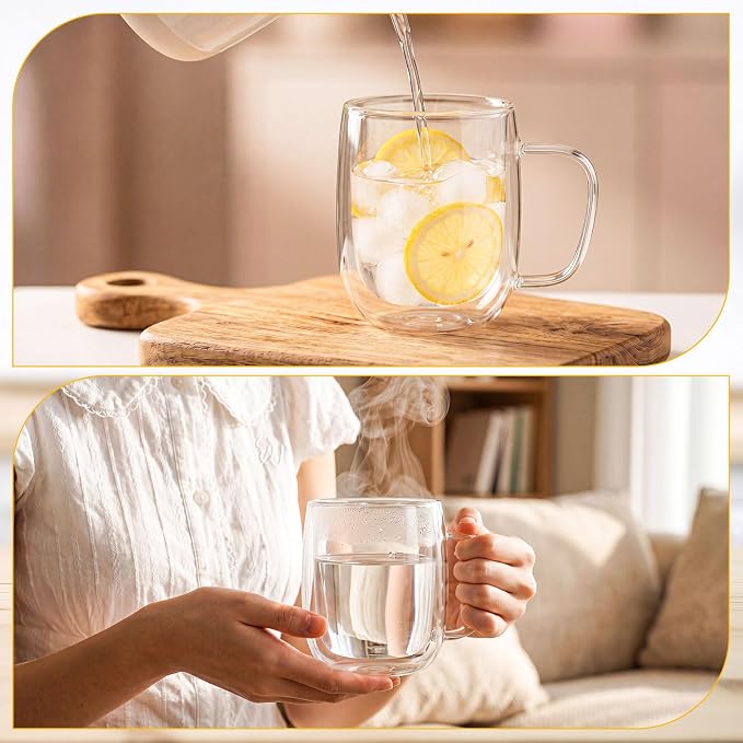 Patelai Glass Coffee Mugs Set of 6, 16 oz Clear Double Walled Coffee Cups Glasses Insulated Latte Mugs with Handle Espresso Clear Cups for Hot and Cold Beverages