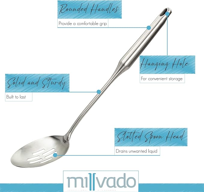 Stainless Steel Slotted Cooking Spoon, 15 Inch Large Metal Chef Strainer Utensil For Cooking, Serving, And Mixing, The #1 Dishwasher Safe Kitchen Tool, Long Spoon With Holes