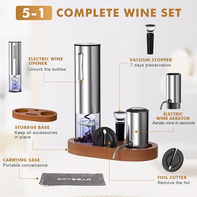 Rechargeable Electric Wine Opener 5-In-1 Set, Stainless Steel Automatic Wine Opener with Electric Wine Aerator, Foil Cutter, Wine Stopper & Base, Elegant Gift Box for Birthday, Housewarming, Christmas