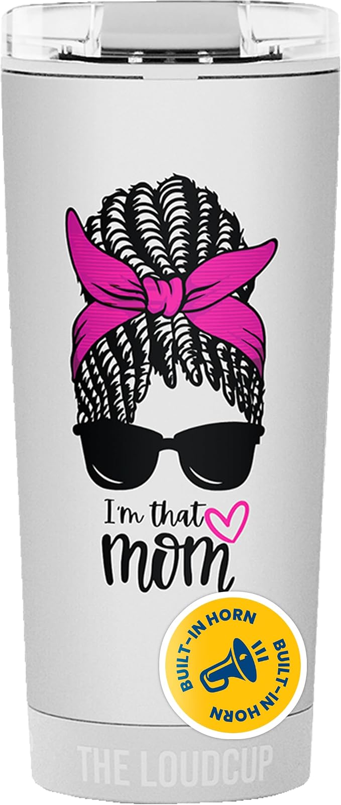 The LoudCup Blow Horn Tumbler, Cheer & Sip 2-in-1 Reusable Water Bottle with Built-In Horn for Sports Games, Tailgates, Parties & Events, BPA-Free, 16 oz, That Mom (Pink Bow)