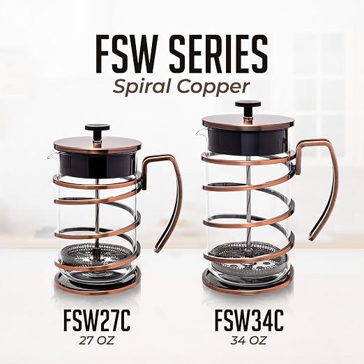OVENTE French Press Coffee Maker 27 Ounce with Heat Resistant Borosilicate Glass, Stainless Steel Design and 4-Level Filter System, Portable Cold Brewer Pot for Travel, Camping or Gift, Copper FSW27C