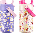 POWCAN 2 Pack 12 oz Kids Insulated Water Bottle for School: Leakproof, 2-in-1 Straw Spout Lid, BPA-Free, Keep Cold 24 Hrs, Stainless Steel Cup for Sports, Travel, Gift for Girls Boys Daughters Sons
