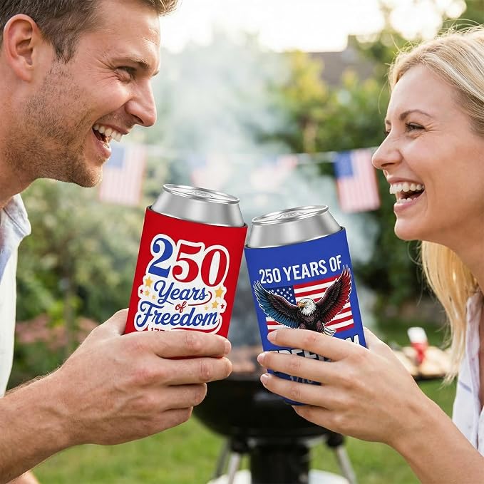 4th of July 250th Anniversary Can Cooler Sleeves 12 Pack American Patriotic Insulated Neoprene Drink Holder for Memorial Day Fourth of July Accessories Party Favors