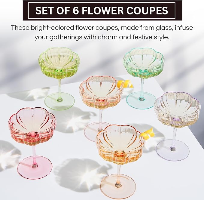 Khen Flower Vintage Wavy Glass Coupes Martini, Champagne & Cocktail Coupes - Set of 6-7oz Colorful Cocktail Glasses & Champagne, Prosecco, Mimosa Glassware Copyright Design - Bright Colors