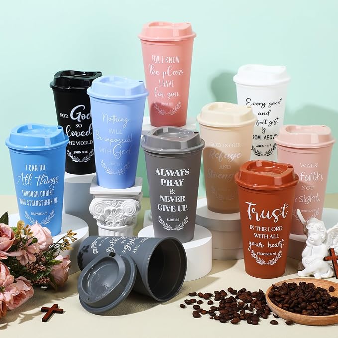 Skylety 60 Pack Bulk Christian Gifts for Men Women 16oz Reusable Bible Verse Tumbler Plastic Coffee Cup with Lid Inspirational Religious Church Gift for Teacher Graduation Party Favor (Morandi Color)