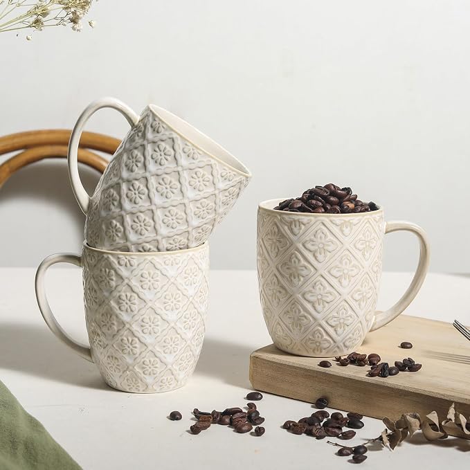 16OZ Ceramic Embossed Coffee Mugs Set, Large White Coffee Cups with Handles, Porcelain Mug Sets with Patterns for Milk, Tea, Latte, Cocoa, Mocha, Cappuccino, Dishwasher Safe, Cups Set Gift (4PCS)