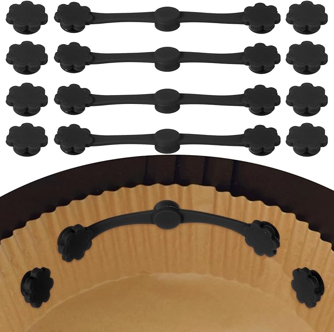 uxcell 4 Set Air Fryer Magnets, Silicone Buckle for Parchment Paper Liners Flower Shape Magnetic Buckle for Lock Paper Prevent Paper Burning, Black