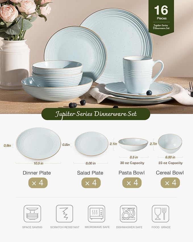 Famiware Jupiter 16-Piece Stoneware Dinnerware Set for 4 - Includes Pasta Bowl & Dinner Plate, Handcrafted Dishes with Speckles & Embossed Swirls, Chip & Scratch Resistant, Daily & Formal Use, Blue