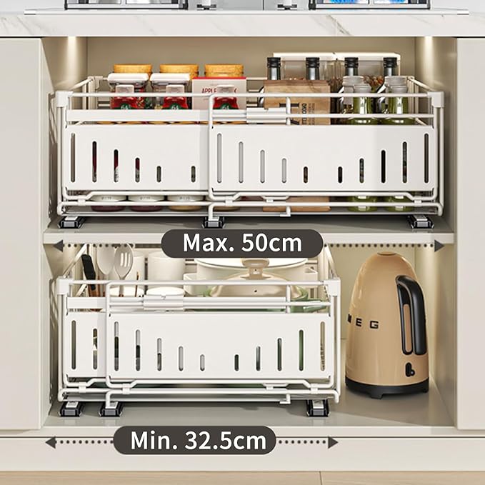 Expandable Pull Out Cabinet Organiser, No Drill Adhesive Slide Out Kitchen Drawer Shelf Durable Metal for Under Sink, Cupboard, Pantry, Adjustable Width (12.8"-19.7") (Style A Black, 2 Pack)