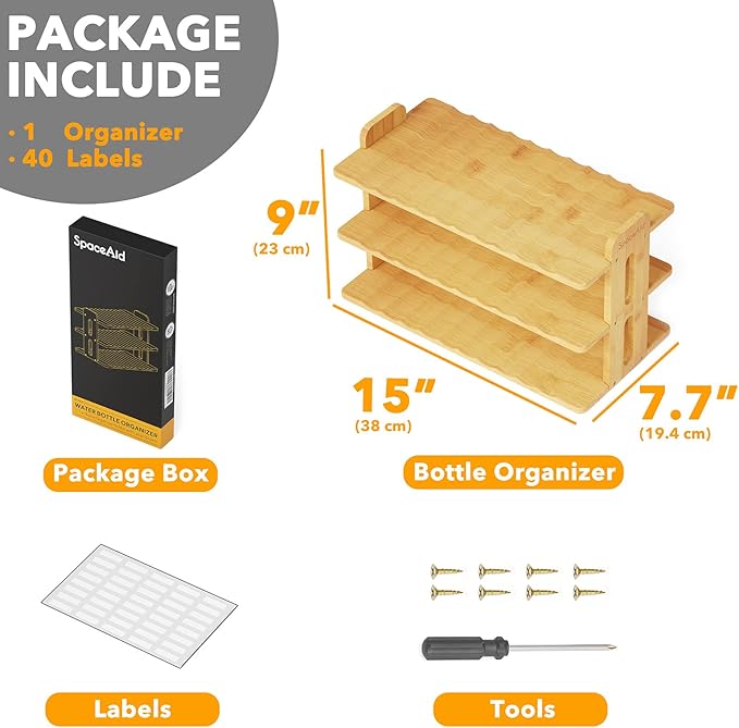 SpaceAid Bamboo Water Bottle Organizer with Labels, Kitchen Pantry Water Bottle Storage Rack for Cabinets, Home Cup and Wine Bottle Holder Shelf Organizers, (3-Tier, Hold 12 Bottles)
