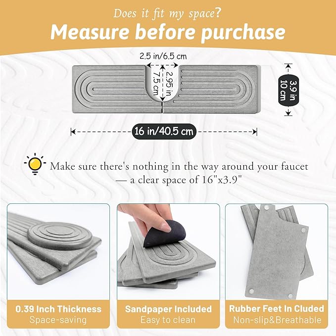 Diatomite Sink Faucet Splash Guard U Shape, 16" Large Stone Sink Tray, Mordern Faucet Handle Drip Catcher Stone, Durable Faucet Draining Mat Protector for Kitchen Bathroom Island Counter, Light Grey