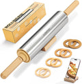 LUSHYUM Adjustable Rolling Pin with Thickness Rings 304 Stainless Steel Dough Roller with Dual-Purpose Stand Detachable Handles for Pizza Cookies Fondant Non Stick Metal Kitchen Tool Gift for Bakers
