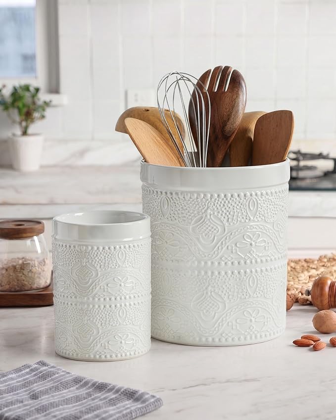 FUN ELEMENTS Kitchen Utensil Holder, 7.2+5.5" Super Large Utensil Crock Heavy and Stable Lace Emboss Ceramic Utensil Holder for Kitchen Counter(2Pcs Bright White)