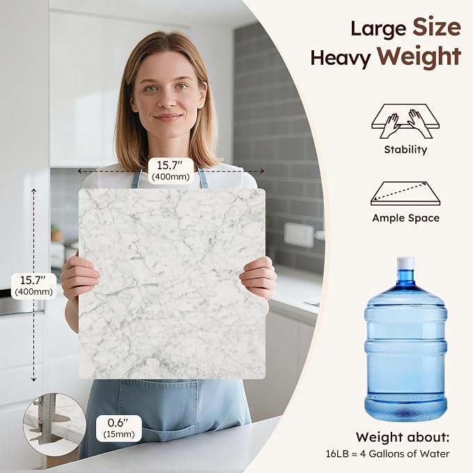Diflart Natural Marble Stone Cutting Board for Kitchen, 16x16 Inch, White, Marble Slab Pastry Board Large with Non-Slip Feet for Backing, Cheese, Chocolate, Pack of 1 Piece